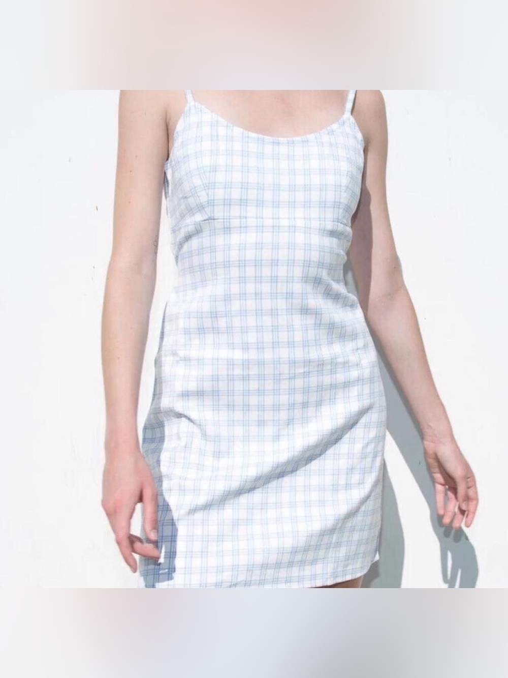 John Galt Brandy Melville White Blue Plaid Mini Dress – Y2K Spaghetti Strap